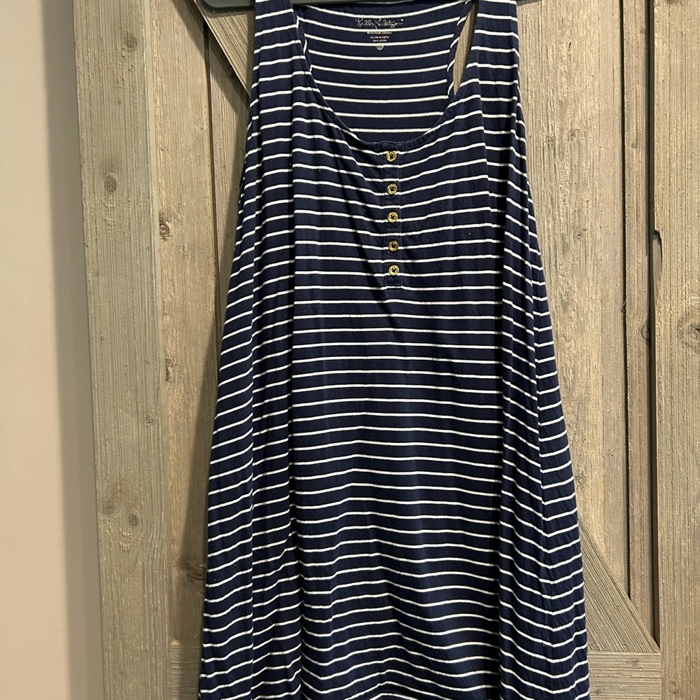 Lilly Pulitzer Navy and White Asymmetrical Striped Midi Dress.